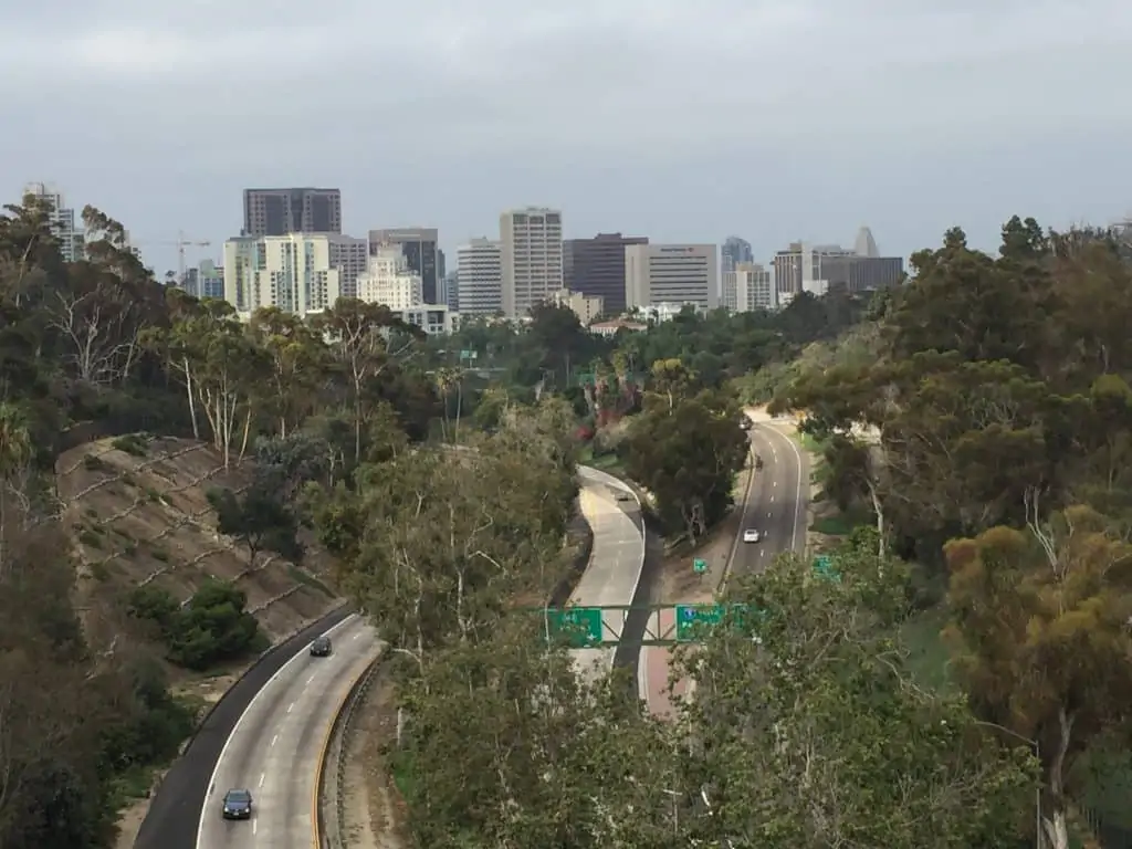 View of San Diego from Park Boulevard Bridge in Balboa Park. 