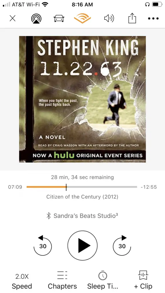 Audible book screen shot for 11.22.63 by Stephen King. On of the best time travel books, fiction