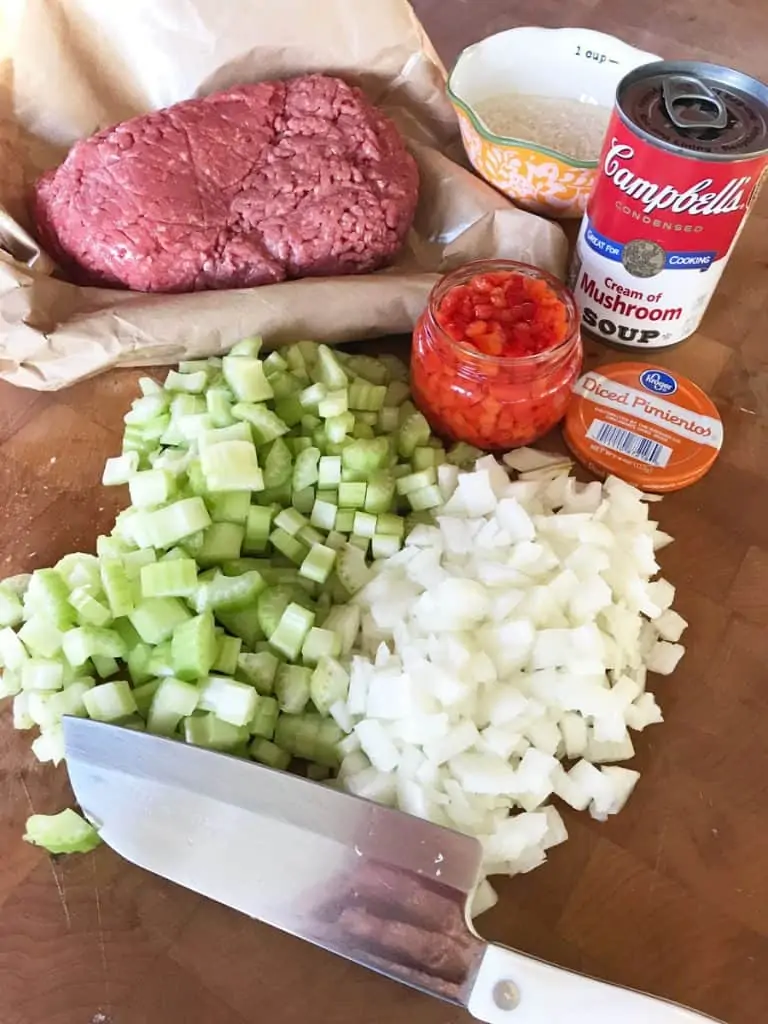 Ingredients for Iowa chow mein: Hamburger, celery, onion, jarred pimentos, cream of mushroom soup rice and soy sauce