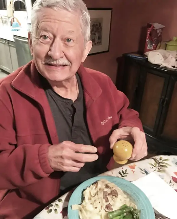 Dad enjoying home made beef and noodles