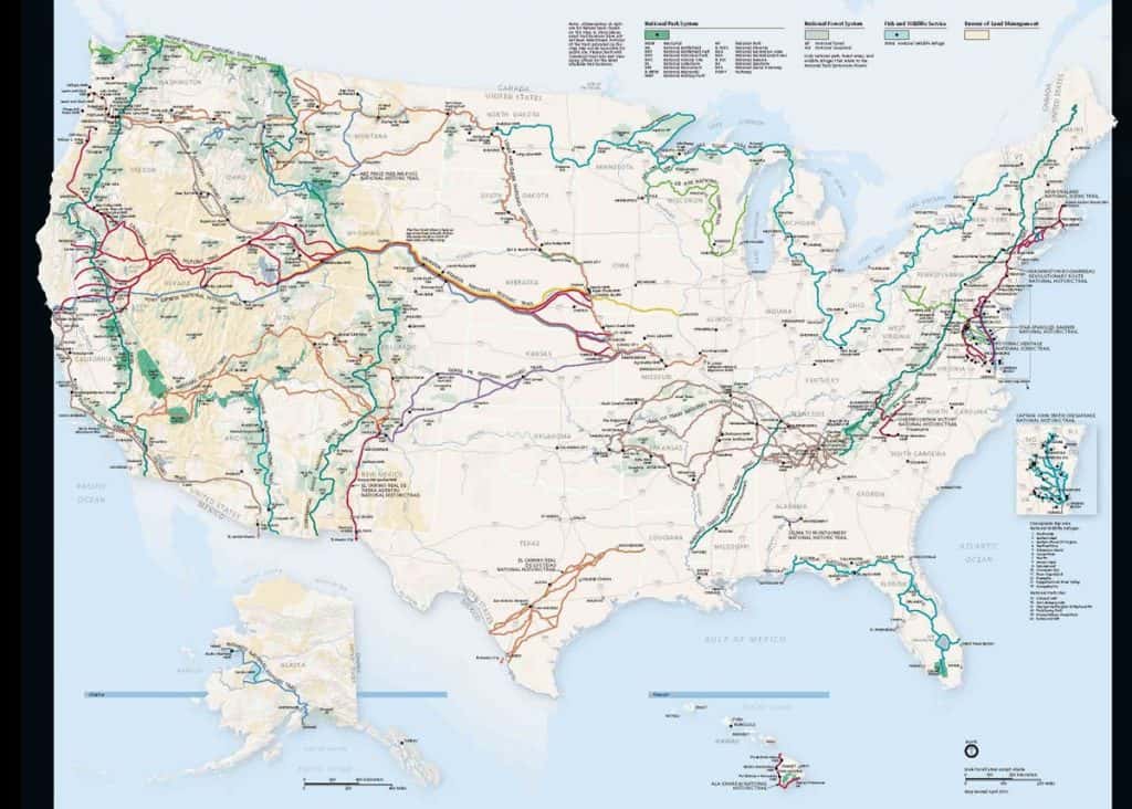 Map showing The National Historic Trail System. Find several road trip ideas here.
