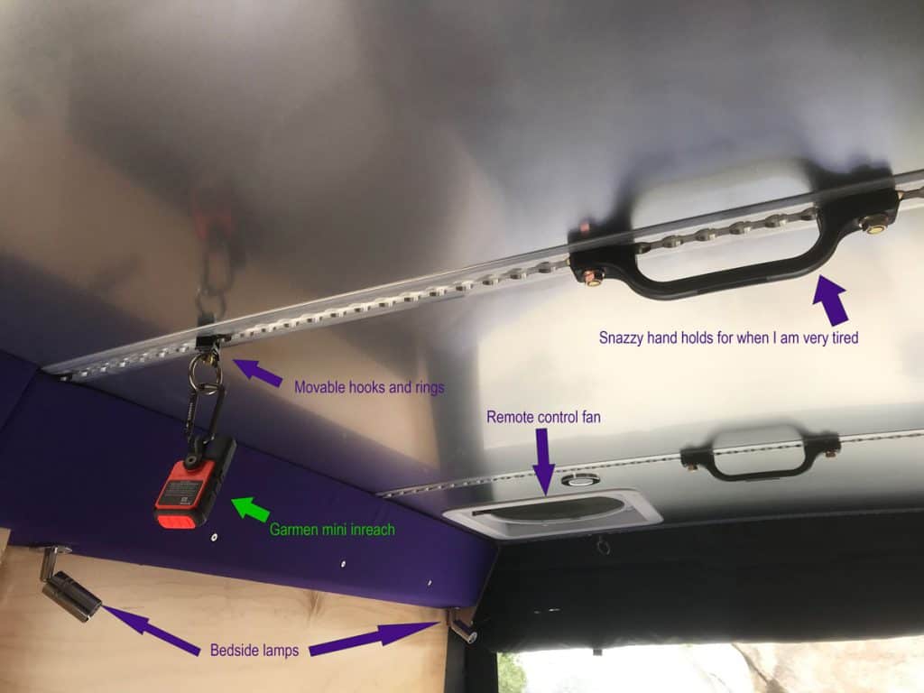 Ceiling and L-track system in Promaster van conversion