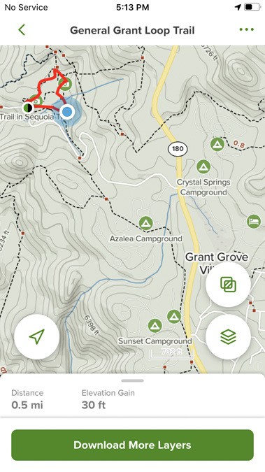 Alltrails map shoing General Grant Loop Trail and nearby campgounds