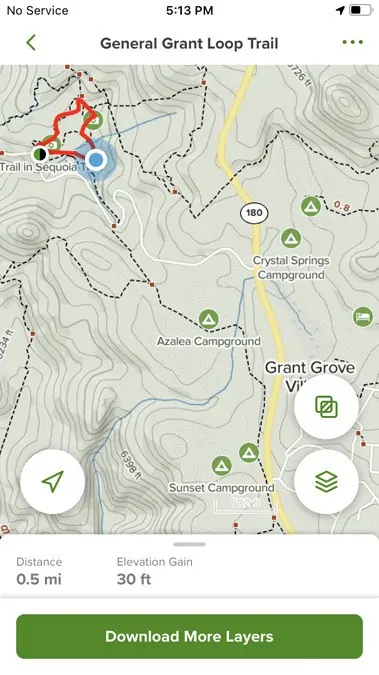 Alltrails map shoing General Grant Loop Trail and nearby campgounds