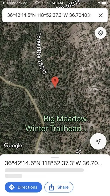 Satellite view of Big Meado trailhead to Weaver Lake Squoia national Forest.