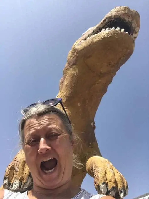 Women camping alone need to watch for dinosaurs. Here is one being chased by a Trex!