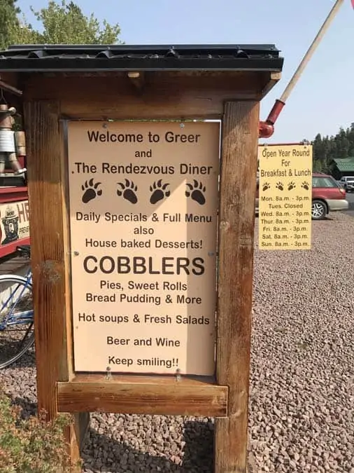 Rendezvous Diner in Greer, AZ. Sign mentioning cobblers, their speciality.