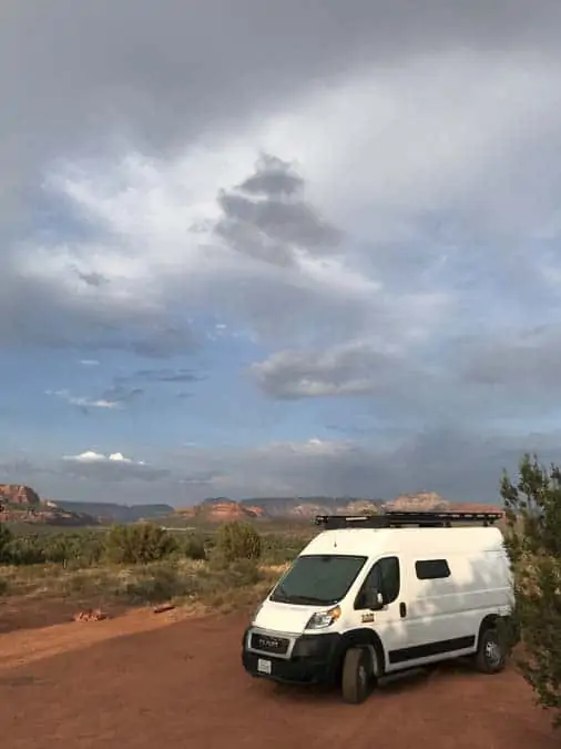 Promaster van free camping near Sedona, Arizona.  Good for women camping alone.