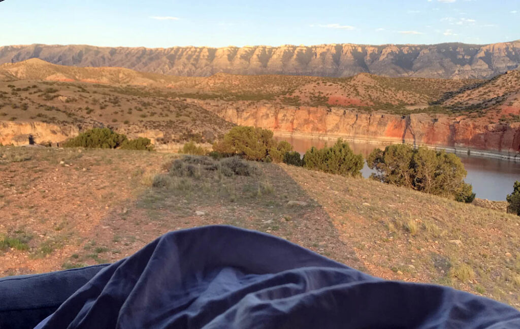 View of Bighorn Canyon at sunrise from the back of a campervan