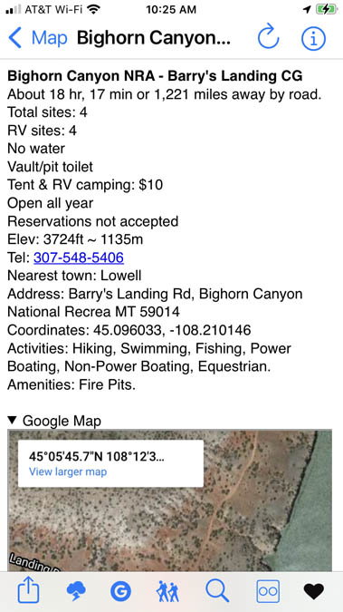 Ultimate Campgrounds App screenshot of Barry's Landing campground details.