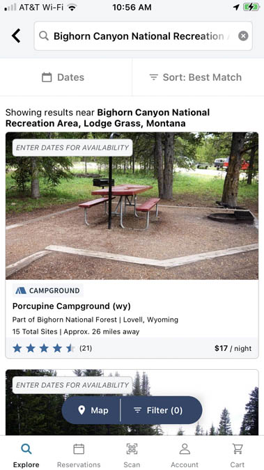 Screenshot of recreation.gov app showing Porcupine Campground